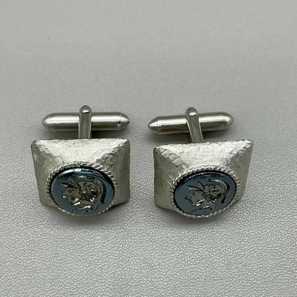 SWANK Vintage Roman Warrior Black Cameo Silver Tone Mens Cufflinks